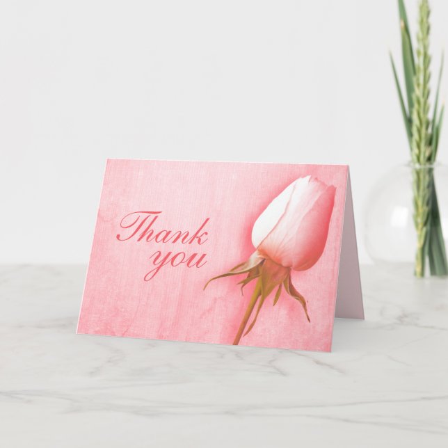 Pink rose bud wedding thank you card landscape (Front)