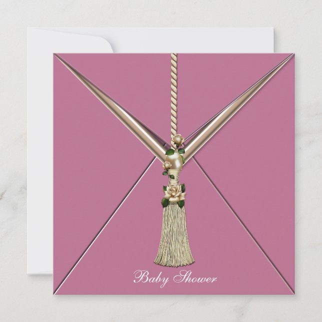 Pink Rose Buds Tassel Baby Girl Shower Invitations (Front)