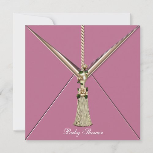 Pink Rose Buds Tassel Baby Girl Shower Invitations