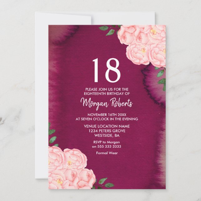 Pink Rose Burgundy Purple 18th Birthday Invite (Front)