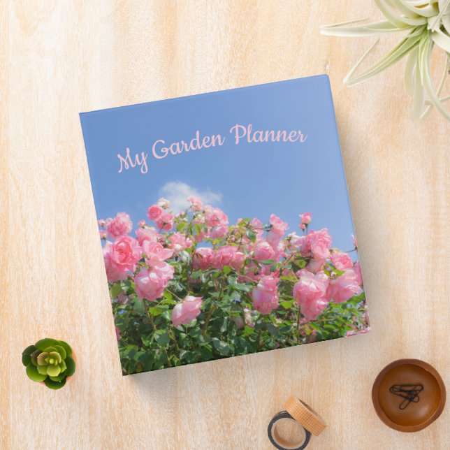 Pink rose bush under blue sky, custom  3 ring binder (In Situ)