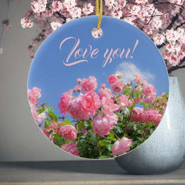 Pink rose bush under blue sky, custom  ceramic ornament (Creator Uploaded)