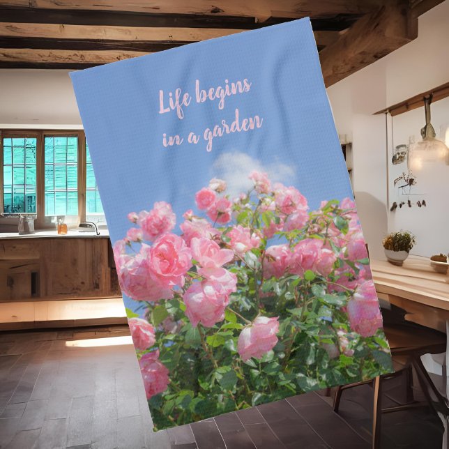 Pink rose bush under blue sky, custom  kitchen towel (Creator Uploaded)