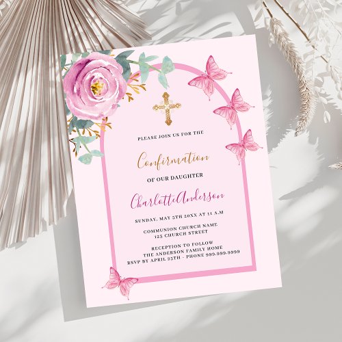 Pink rose butterflies arch Confirmation invitation