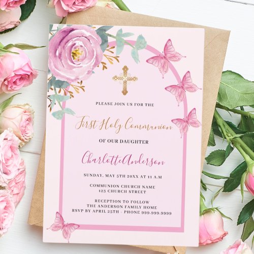 Pink rose butterflies arch First Holy Communion Invitation