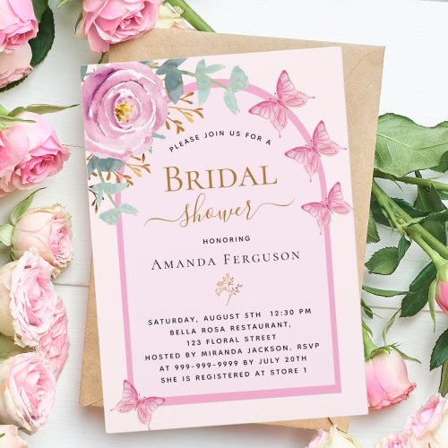 Pink rose butterflies floral arch Bridal Shower Invitation