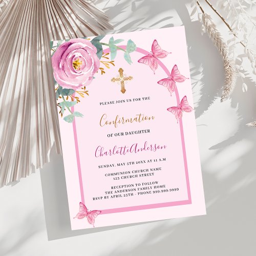 Pink rose butterflies floral arch Confirmation Invitation