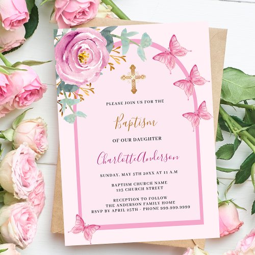 Pink rose butterflies floral greenery arch baptism invitation