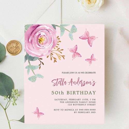 Pink rose butterfly budget birthday invitation