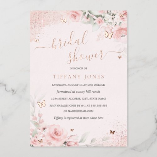 Pink Rose Butterfly Floral Bridal Shower Foil Invitation