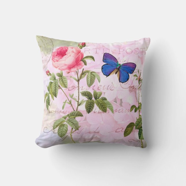 Pink Rose Butterfly French Accent Throw Pillow (Front)