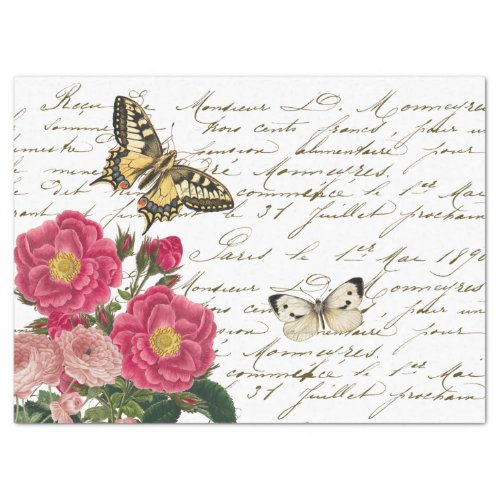 Pink Rose Butterfly French Script Vintage Tissue Paper