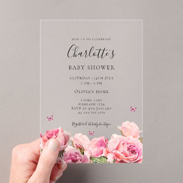 Pink Rose Butterfly Girl Baby Shower  Acrylic Invitations (Insitu (Handheld))