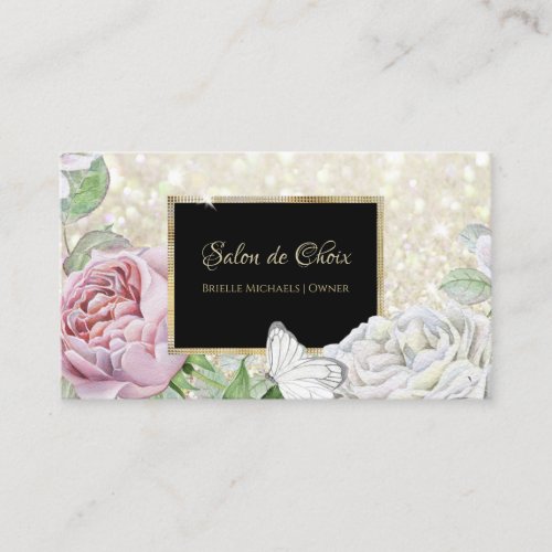 Pink Rose Butterfly Glitter Black and Gold Script Business Card