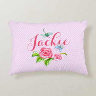 Pink Rose Butterfly Nature Polkadots Accent Pillow