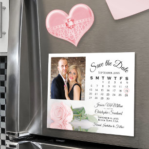 Pink Rose Calendar & Photo Save the Date Magnet