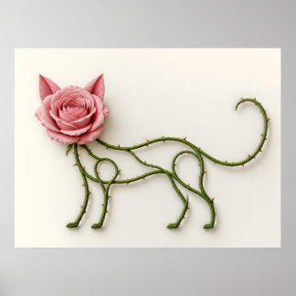 Pink Rose Cat with Thorny Vine Botanical Poster