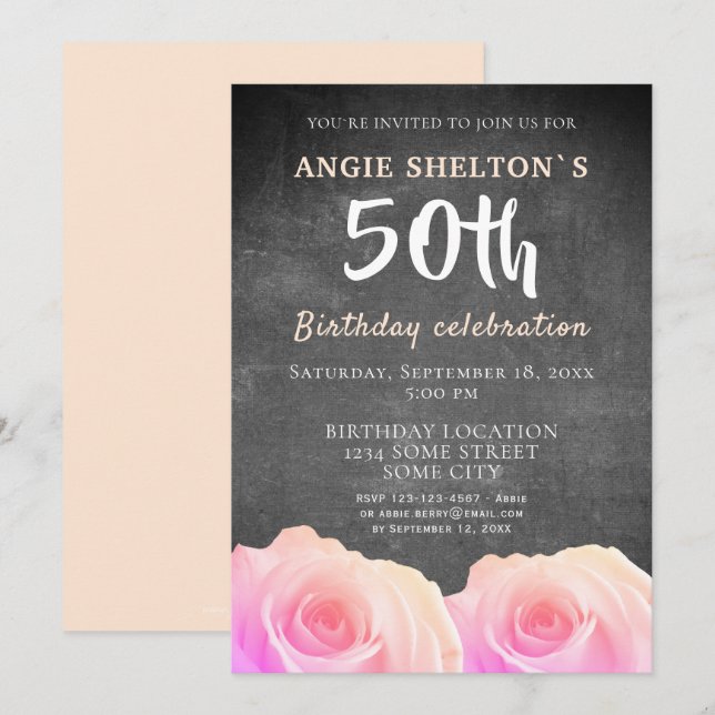 Pink Rose Chalkboard Floral 50th Birthday Party  Invitation (Front/Back)