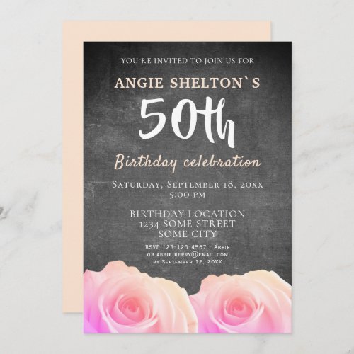 Pink Rose Chalkboard Floral 50th Birthday Party  Invitation