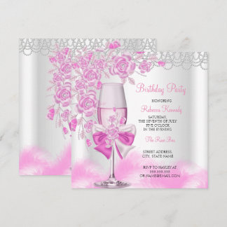 Pink Rose Champagne White Birthday Party Invitation