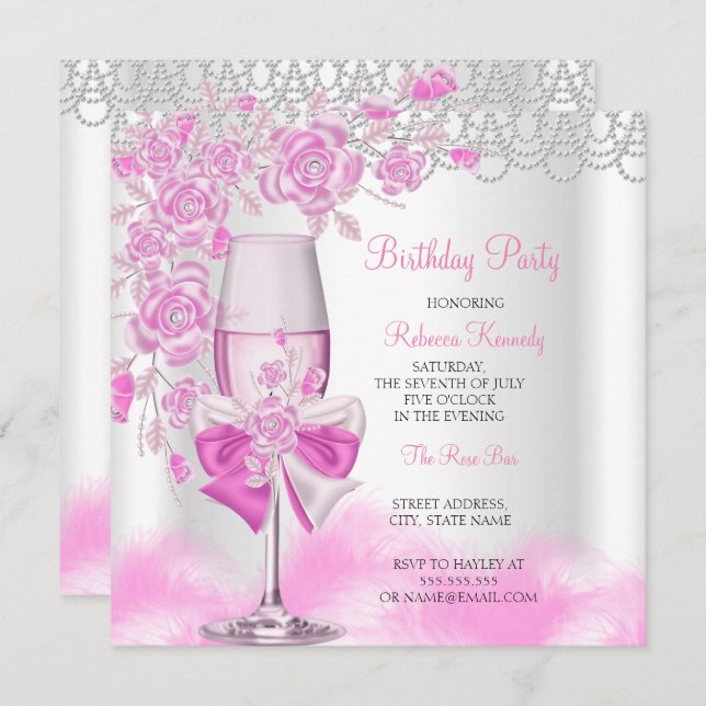 Pink Rose Champagne White Birthday Party Invitation (Front/Back)