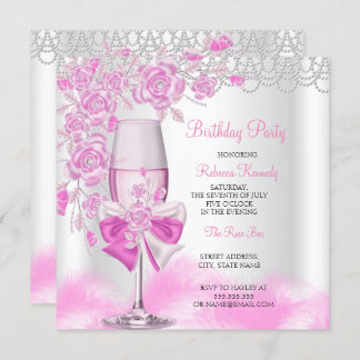 Pink Rose Champagne White Birthday Party Invitation