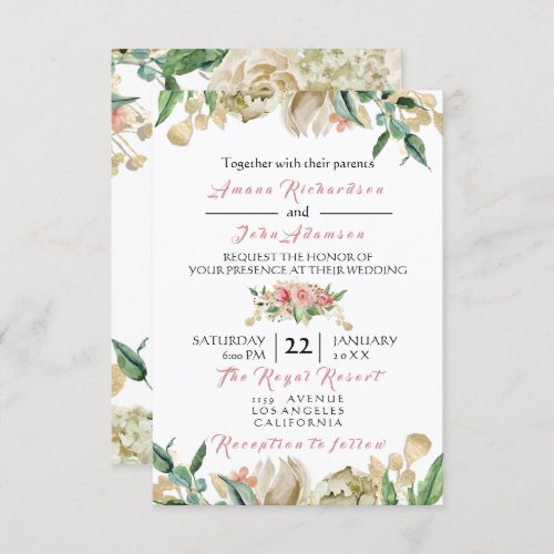 Pink Rose Champaigne Gold Floral Roses Wedding Invitation