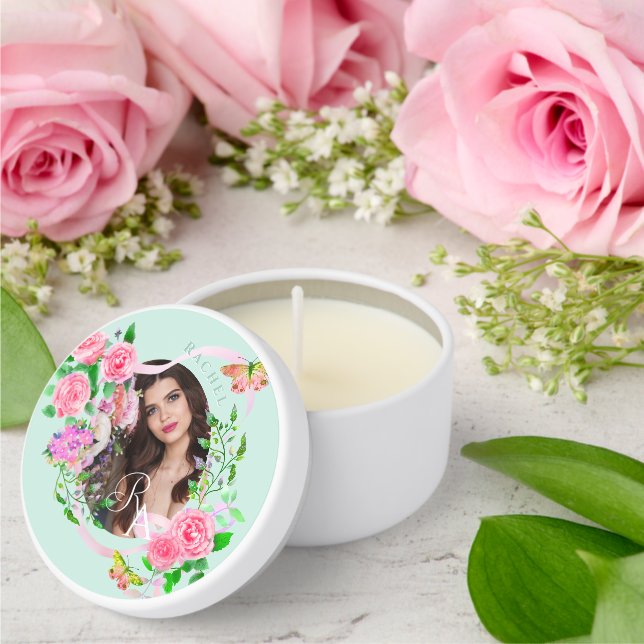 Pink Rose Chic Monogram Photo Blue  Mini Candle Favors (Insitu (Wedding))