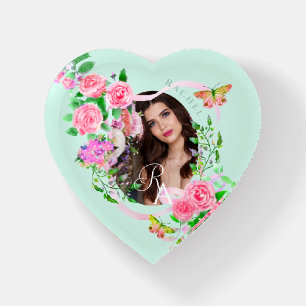Pink Rose Chic Monogram Photo Blue Paperweight