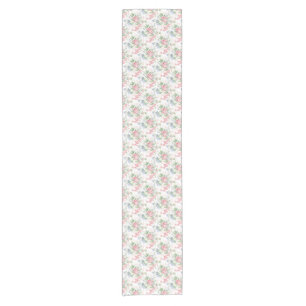 Pink Rose Chintz on White, Sage Leaves Short Table Runner