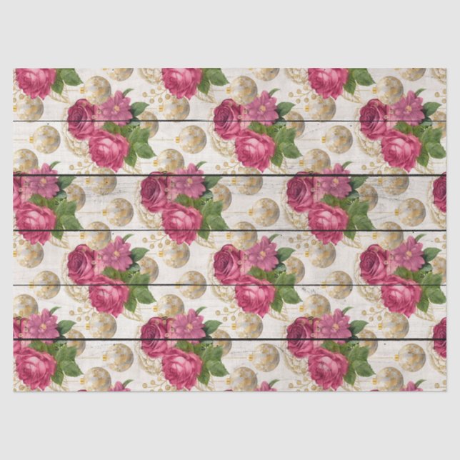 Pink Rose Christmas Ornaments on Wood Decoupage Tissue Paper (Front)