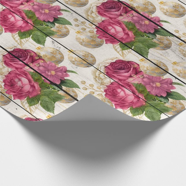 Pink Rose Christmas Ornaments on Wood Wrapping Paper (Corner)