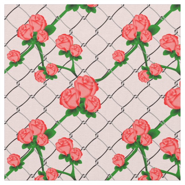 Pink Rose Climbing Chain Link Fence Seamless Patte Fabric (Close Up)
