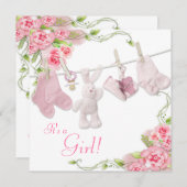 Pink Rose Clothesline Baby Girl Shower Invitations (Front/Back)
