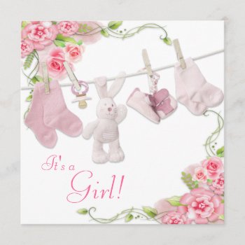 Pink Rose Clothesline Baby Girl Shower Invitations by The_Baby_Boutique at Zazzle