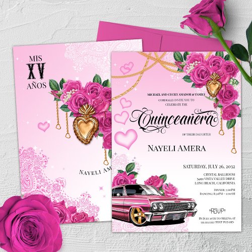 Pink Rose Corazon de Milagros Lowrider Quinceanera Invitation