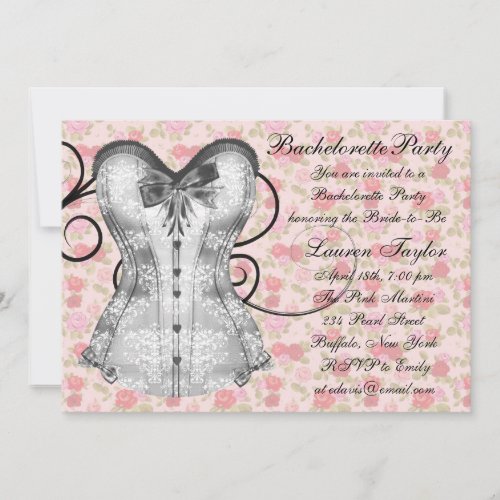 Pink Rose Corset Pink Black Bachelorette Party Custom Announcements