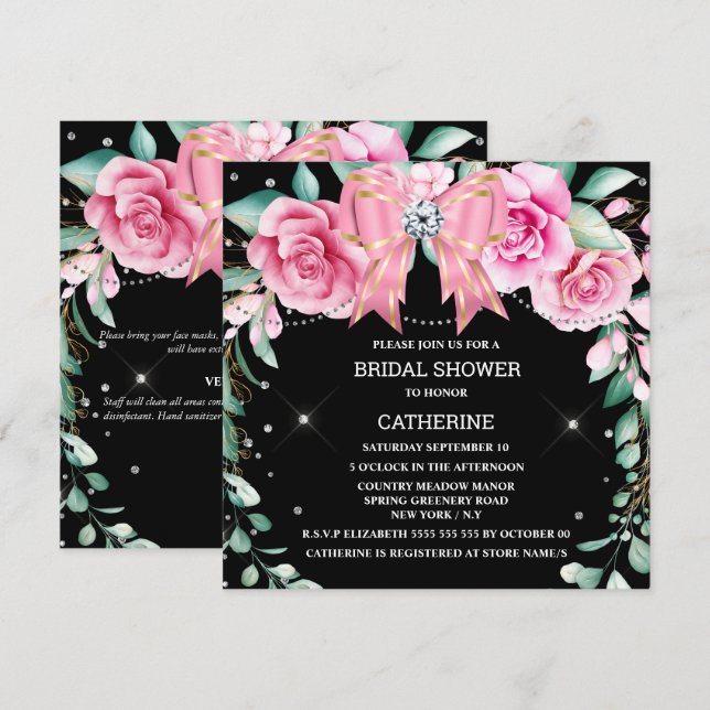 Pink rose country chic diamond greenery invitation (Front/Back)