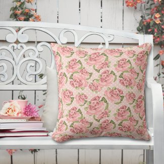Pink Rose Country Chic Dot Pattern Throw Pillow