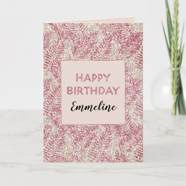 Pink Rose Cream Glitter Glitz Tropical Leaves     Card (Front)