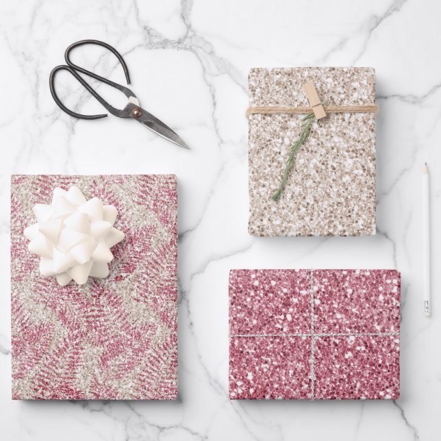 Pink Rose Cream Glitter Glitz Tropical Leaves      Wrapping Paper Sheets (Front)