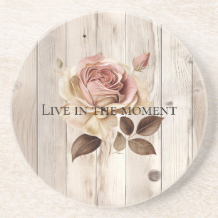 Pink Rose Cream White Faux Wood Coaster