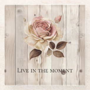 Pink Rose Cream White Faux Wood Glass Coaster