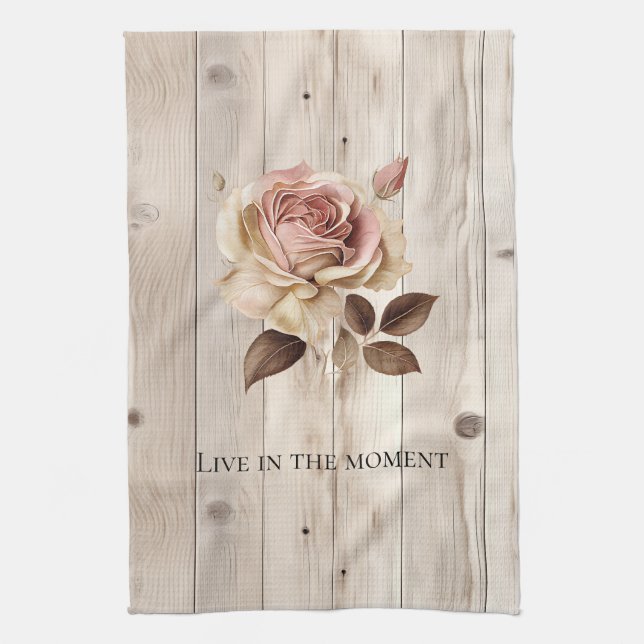 Pink Rose Cream White Faux Wood  Kitchen Towel (Vertical)