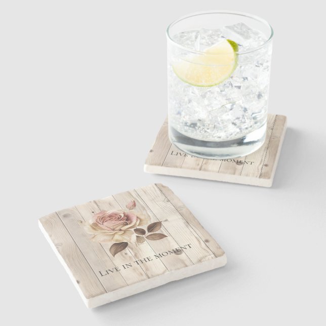 Pink Rose Cream White Faux Wood  Stone Coaster (Side)