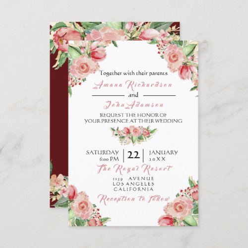 Pink Rose Creamy Marsala Floral Roses Wedding Invitation