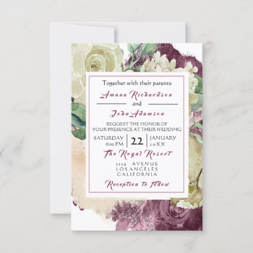 Pink Rose Creamy Marsala  Floral Roses Wedding Invitation