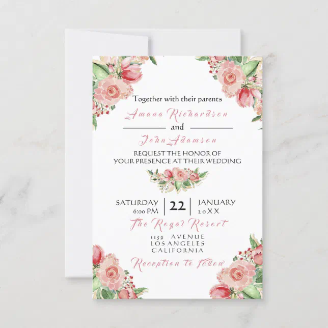 Pink Rose Creamy Painted Floral Roses Wedding Invitation | Zazzle