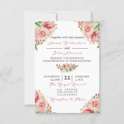 Pink Rose Creamy Painted Floral Roses Wedding Invitation
