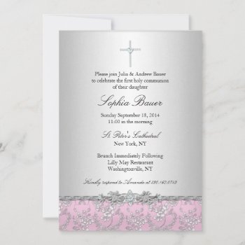 Pink Rose & Cross Baptism/christening Invitation by ExclusiveZazzle at Zazzle